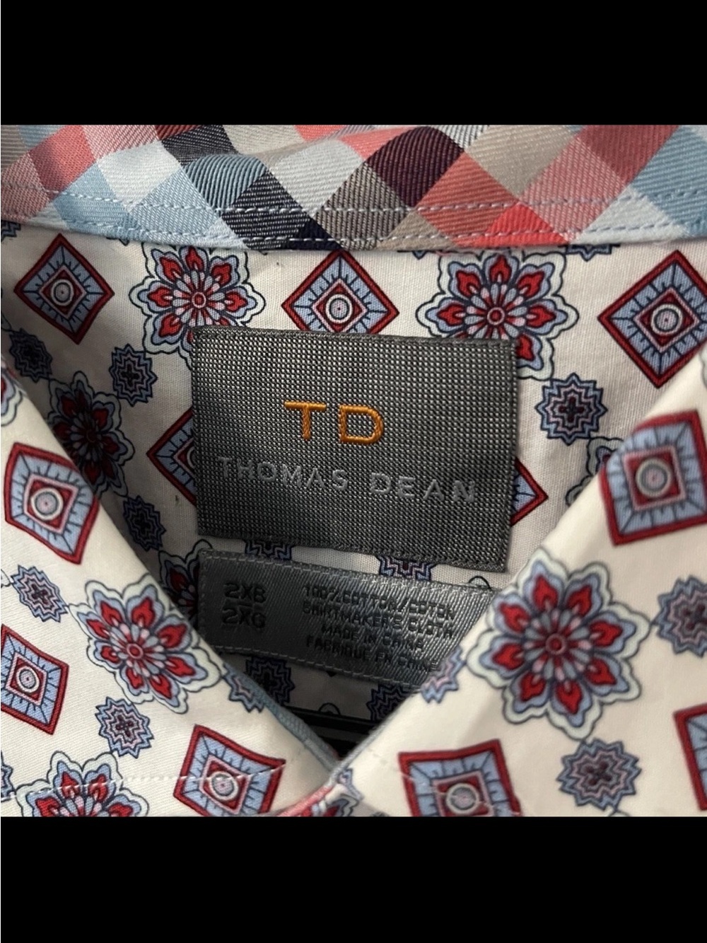 Thomas Dean White Dress Shirt with Red and Blue Geometric Floral Print